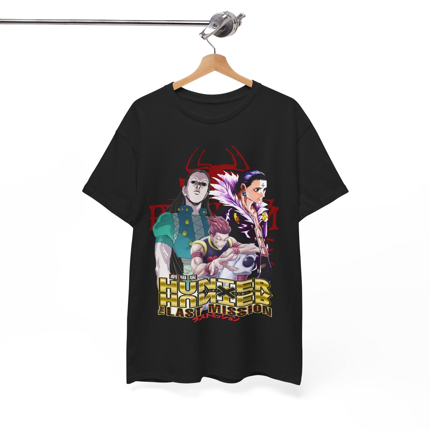 Artfully displayed black anime t-shirt hanging on a stylish wooden hanger, featuring striking imagery from Hunter x Hunter, designed for the discerning fan.