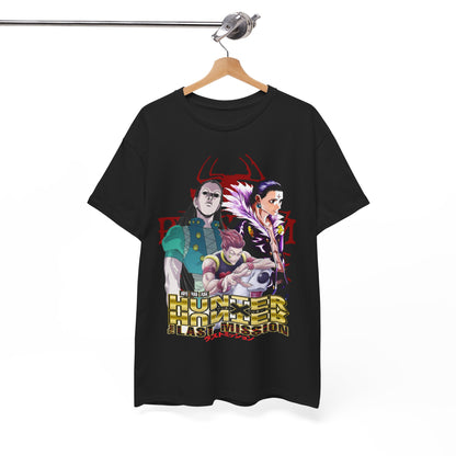 Artfully displayed black anime t-shirt hanging on a stylish wooden hanger, featuring striking imagery from Hunter x Hunter, designed for the discerning fan.