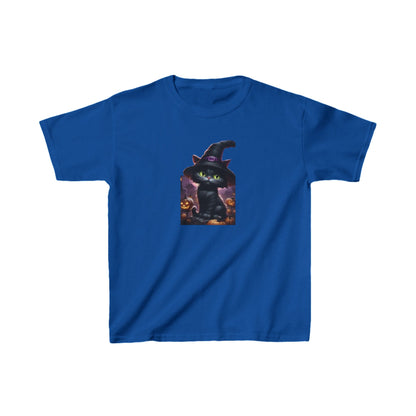 Kids Cute Kitten Halloween T-shirt in deep blue showcasing a charming witch-themed kitten design, ideal for festive attire.