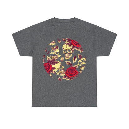 Skulls and Roses Cotton Tee, Unisex Graphic Shirt - flat lay image of the tee in a classic grey, displaying its unique skull and rose graphic design.
