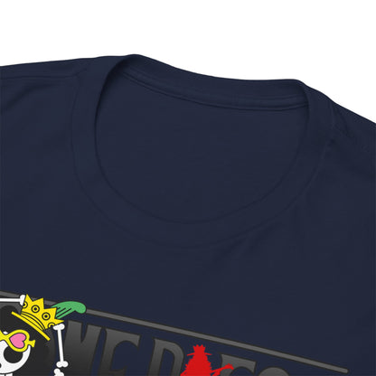 Close-up of the exquisite neckline of a navy blue graphic anime tee, showcasing high-quality fabric and meticulous detailing, perfect for discerning collectors.