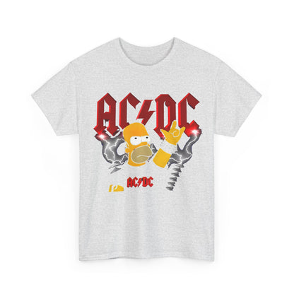 Homer Rock & Roll Unisex Cotton Tee Graphic T Shirt featuring an eye-catching design with Homer Simpson striking a rock pose, adorned with the AC/DC logo and dramatic lightning effects.