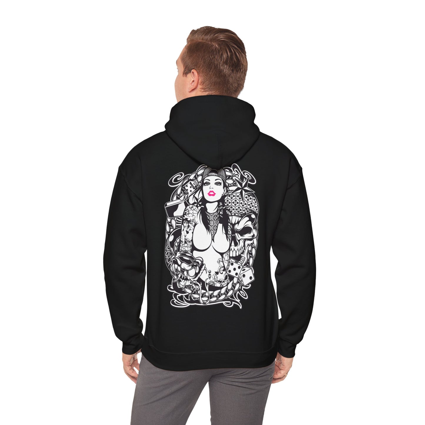 Chic black hoodie with a detailed back print of a tattooed woman, offering a blend of floral artistry and symbolic elements for modern luxury wear.