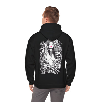 Chic black hoodie with a detailed back print of a tattooed woman, offering a blend of floral artistry and symbolic elements for modern luxury wear.