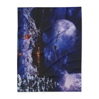 Elegant Decorative and Warm Christmas Arctic Fleece Blanket illustrating a serene winter landscape with Santa's sleigh amidst dreamy clouds and a beautiful moon, embodying festive elegance.