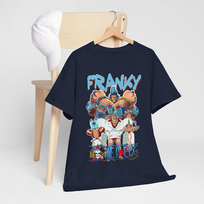 Chic navy t-shirt with a captivating Franky graphic from the anime 'One Piece', styled alongside a minimalist white cap for a trendy look.