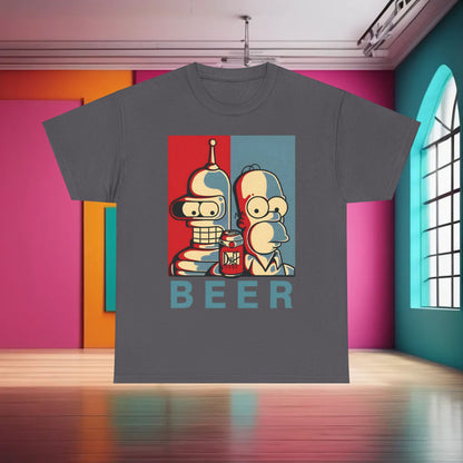 Bender and Homer Beer Poster Graphic T-Shirt: This refined unisex cotton tee features a striking illustration of Bender and Homer, ideal for sophisticated fans of iconic animation.