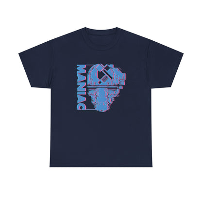 Elegant navy men's t-shirt showcasing a vibrant 3D maniac skull print, harmoniously blending modern artistry with luxurious style, ideal for trendsetters.