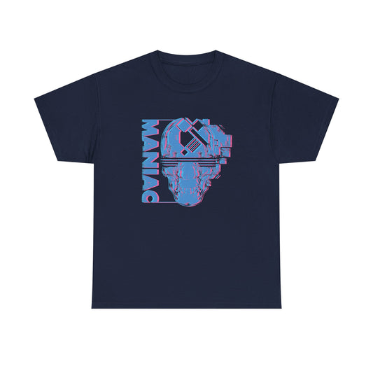 Elegant navy men's t-shirt showcasing a vibrant 3D maniac skull print, harmoniously blending modern artistry with luxurious style, ideal for trendsetters.