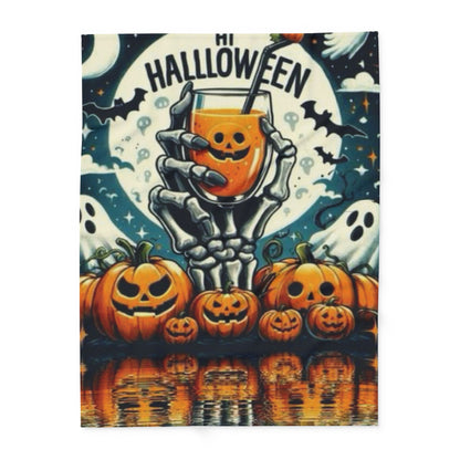 Decorative and Warm Halloween Spooky Arctic Fleece Blanket displaying a skeleton hand with a pumpkin drink, adorned with Halloween pumpkins, under a starry night with bats and ghosts.