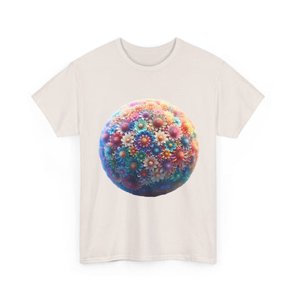 Front view of the stunning Iridescent Floral Sphere Unisex Cotton Tee Graphic T Shirt, featuring an eye-catching floral graphic.