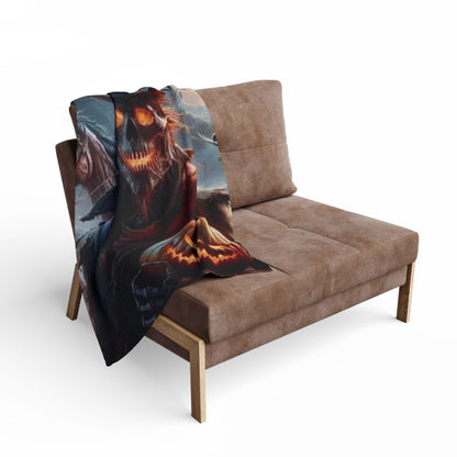 Chic Decorative and Warm Halloween Spooky Arctic Fleece Blanket elegantly draped over a stylish sofa, exemplifying comfort and festive style for Halloween.