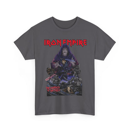 Front view of the exclusive Iron Empire Graphic Tee, showcasing an intricate Darth Sidious and Vader design in premium cotton, exemplifying high-end geek fashion.