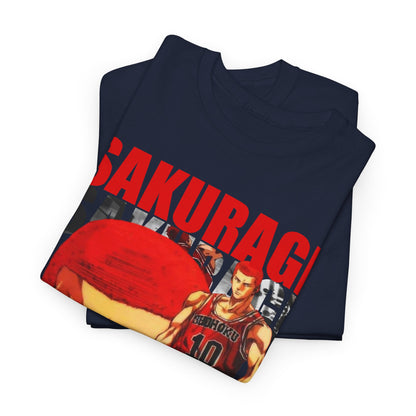 Folded navy T-shirts adorned with a graphic of Sakuragi from Slam Dunk, highlighting bold colours and quality fabric, perfect for anime enthusiasts.