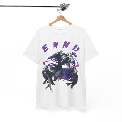 Chic Enmu-Inspired t-shirt displayed on a hanger, featuring dynamic character illustrations from Demon Slayer, highlighting bold fashion and anime culture.