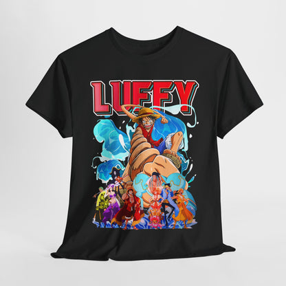 Luxury men's graphic t-shirt featuring a vibrant design of Luffy from a popular adventure series, adorned with dynamic characters against a bold black background, ideal for casual outings.