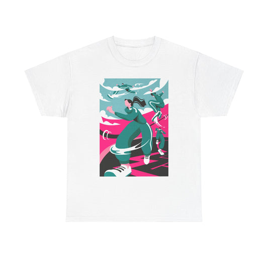 Luxurious unisex graphic tee showcasing an artistic rendition of Squid Game characters in action, blending contemporary design with bold colours for a striking statement piece.