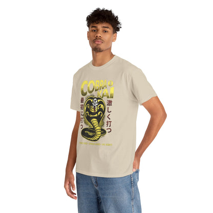 Luxury unisex Cobra Kai graphic T-shirt featuring the iconic Cobra emblem, styled in a sophisticated gold colour against a neutral backdrop, ideal for martial arts enthusiasts.
