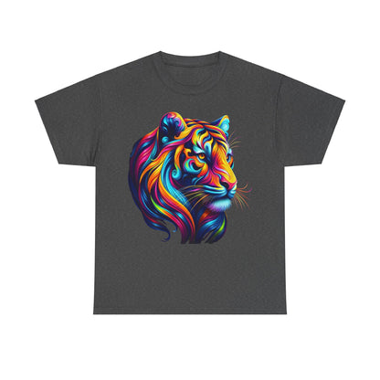 Tiger's Whimsy Graphic Unisex T-Shirt in charcoal grey featuring vibrant artisan design with intricate tiger artwork, showcasing vivid colours and artistic detail.