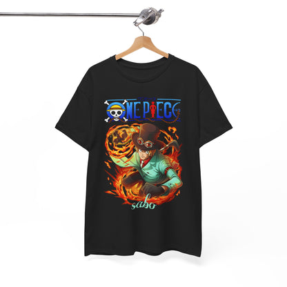 Chic black Sabo t-shirt on a hanger, showcasing captivating anime graphics from One Piece, ideal for stylish casual wear.