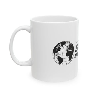 Stark Industries Iron Man Logo Ceramic Mug featuring a high-quality glossy finish, ideal for Marvel fans, displaying the iconic globe design.