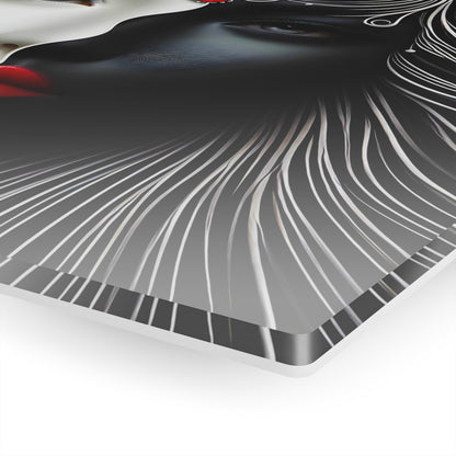 Close-up detail of the Yin-Yang Acrylic Art Print, highlighting the vibrant red accents and flowing black and white lines that create a captivating woman's portrait.