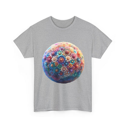 Iridescent Floral Sphere Unisex Cotton Tee Graphic T Shirt showcasing a vibrant floral sphere design on a grey cotton t-shirt.