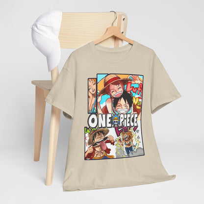 Chic One Piece manga T-shirt displayed on a minimalist wooden chair, highlighting its unique collage artwork, perfect for a fashionable statement.