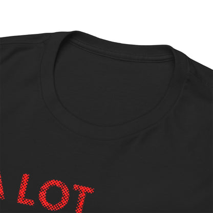 Close-up view of the luxurious black t-shirt collar featuring a bold graphic design with the phrase 'A LOT' in vibrant red dots.