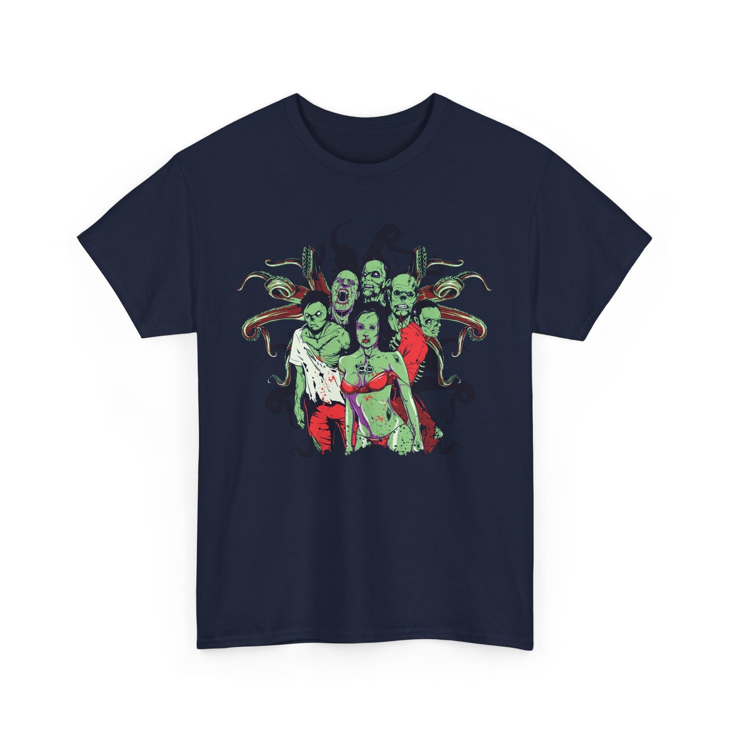 Chic navy blue t-shirt displaying a vivid illustration of zombies, merging horror motifs with contemporary style for a standout appearance.