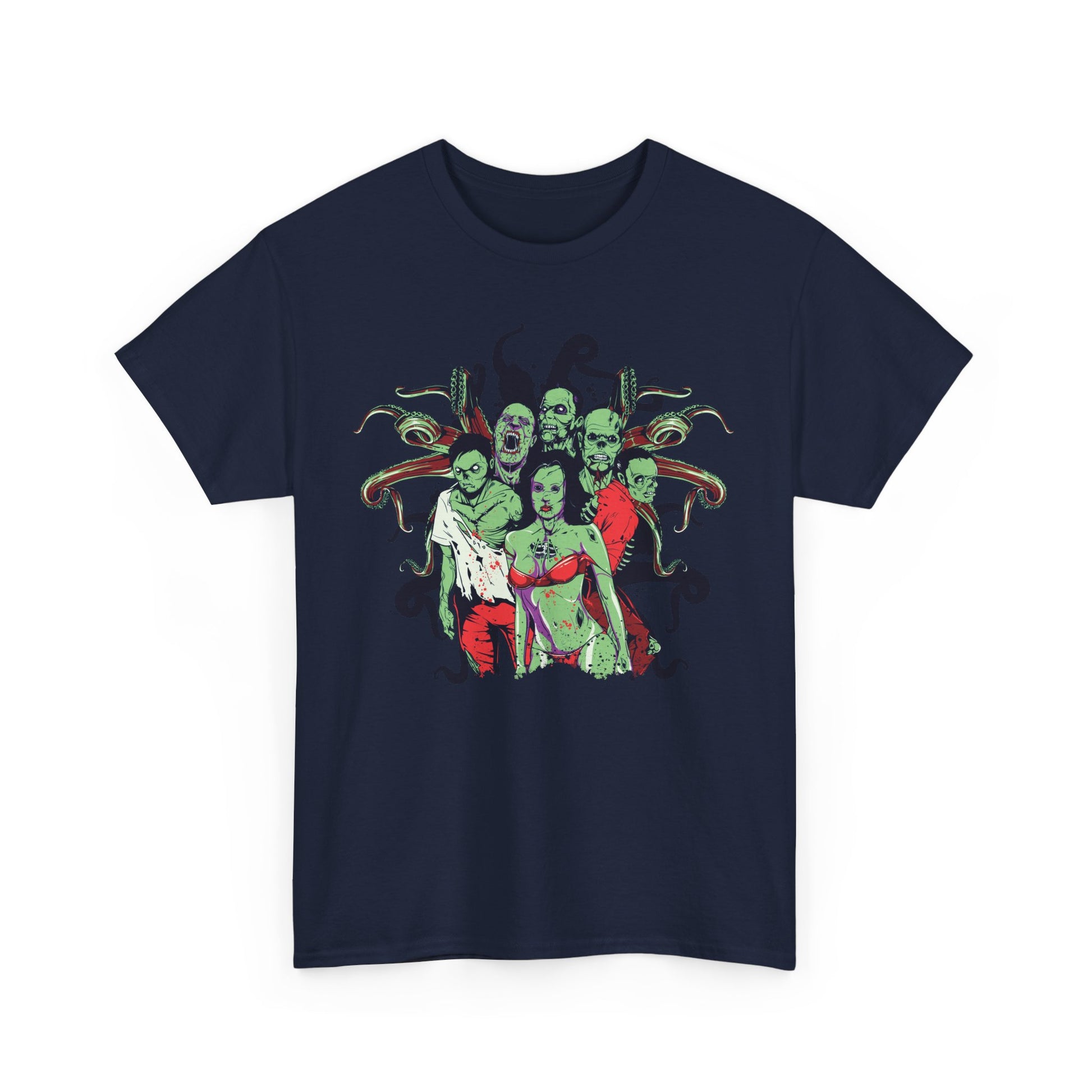 Chic navy blue t-shirt displaying a vivid illustration of zombies, merging horror motifs with contemporary style for a standout appearance.