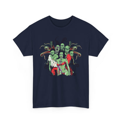 Chic navy blue t-shirt displaying a vivid illustration of zombies, merging horror motifs with contemporary style for a standout appearance.