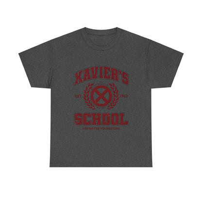 Xavier's School for Gifted Youngsters X-Men Logo Graphic Unisex Tee Shirt in charcoal grey, featuring an elegant print that combines style with a tribute to iconic pop culture.
