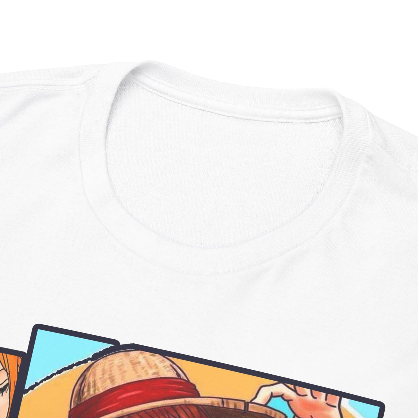 Close-up of the collar area on a luxurious One Piece Manga T-Shirt, highlighting the premium fabric and intricate anime design details.