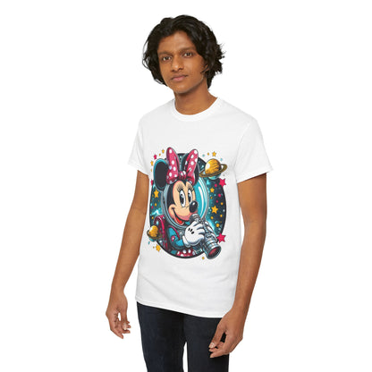 Model wearing the Blast Off with Minnie Mouse Unisex Graphic Tee Shirt, displaying its stylish and playful design with Minnie Mouse in a cosmic theme.