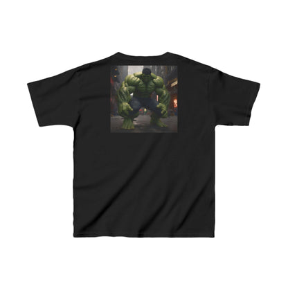 Kids Incredible Hulk Heavy Cotton T-Shirt highlighting a powerful Hulk graphic on an elegant black fabric, ideal for little champions.