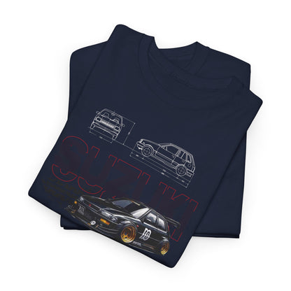 Luxury navy blue Suzuki Forza men's t-shirt featuring a detailed graphic design of the car silhouette and technical illustrations, ideal for car enthusiasts.