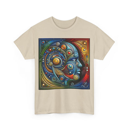 Stained Glass Dreams Unisex T-Shirt featuring a vibrant abstract face design in a myriad of colours, ideal for art and fashion enthusiasts.