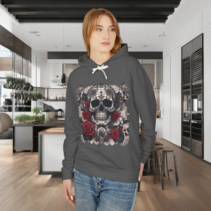Chic Unisex Lightweight Hooded Sweatshirt adorned with a unique designer skull and roses motif, model presented in contemporary kitchen.