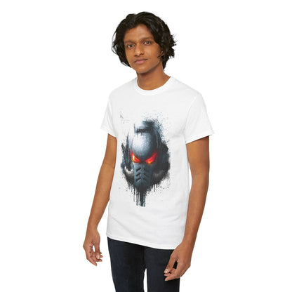 Elegant unisex t-shirt featuring a striking 'Stranger Helm' design with fiery red eyes, perfect for fans of eclectic fashion and bold statements.
