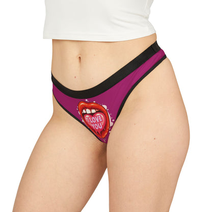 Luxurious women's graphic thong featuring a vibrant design with a cheeky 'I Love You' motif and alluring red lips, ideal as a playful Valentine's or romantic gift.
