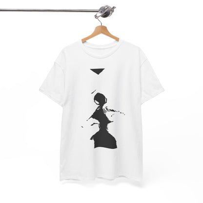 Artfully presented white graphic t-shirt hanging on a display rack, featuring an intriguing black and white artistic design for a luxurious look.