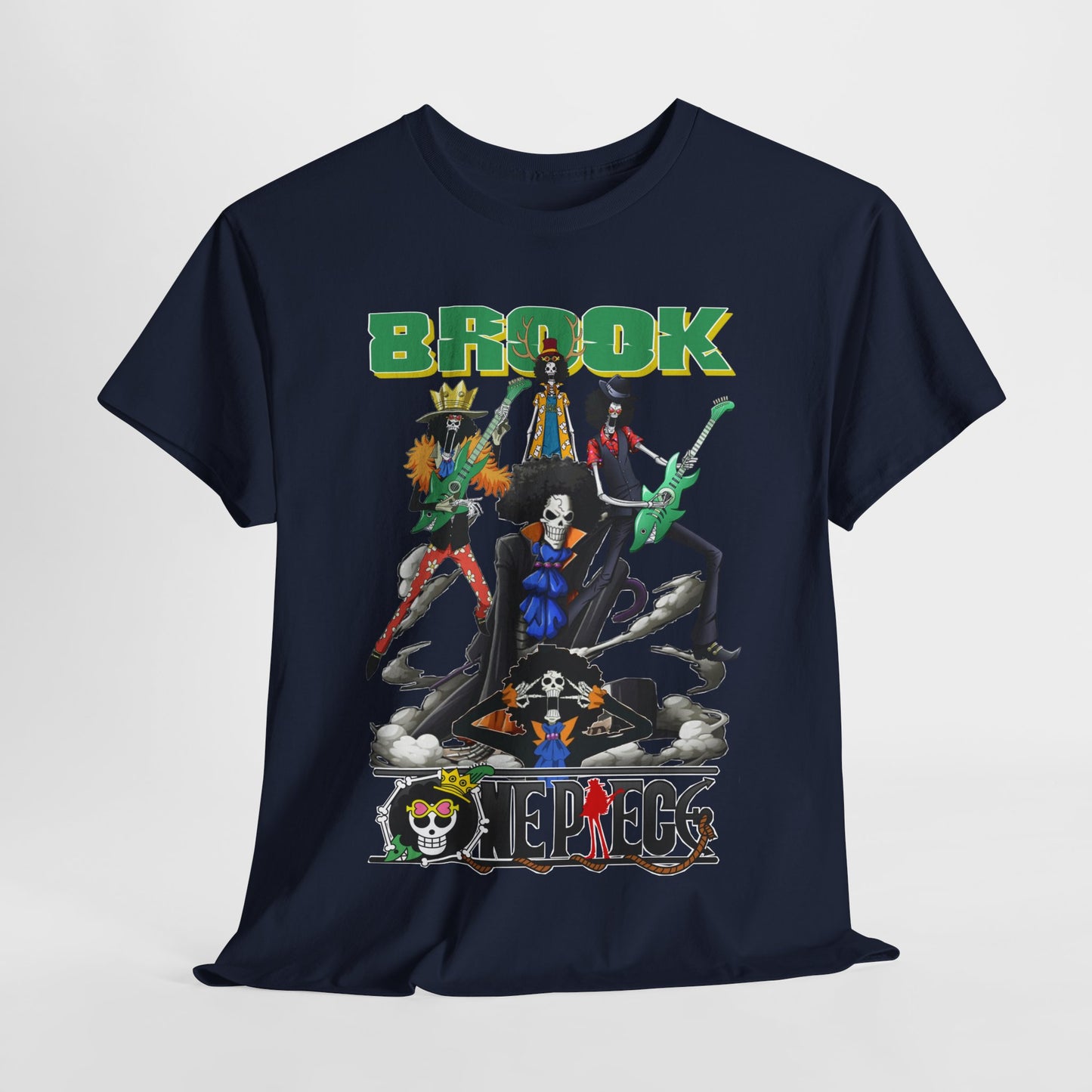 Luxury navy t-shirt featuring a vibrant graphic design of iconic anime characters. The bold 'BROOK' lettering captures attention while showcasing a dynamic rock band pose.