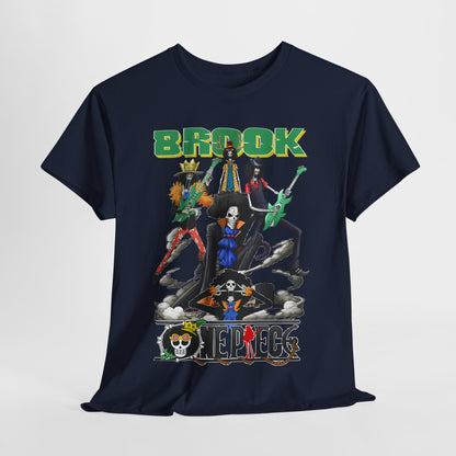 Luxury navy t-shirt featuring a vibrant graphic design of iconic anime characters. The bold 'BROOK' lettering captures attention while showcasing a dynamic rock band pose.