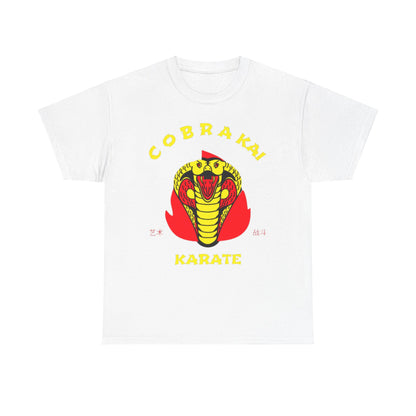 Elegant white graphic t-shirt featuring the iconic Cobra Kai logo, showcasing a stylised snake in red and yellow against a soft cotton fabric.