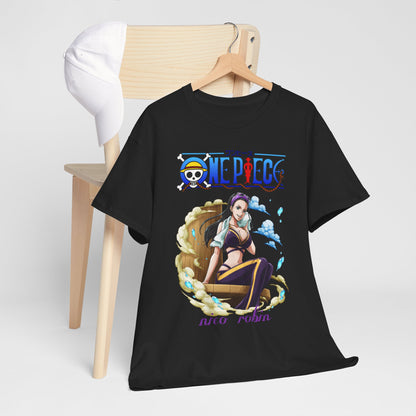 Sophisticated men's t-shirt featuring the captivating Nico Robin from One Piece, artfully styled draped over a wooden chair alongside a chic white cap, perfect for a casual yet fashionable look.