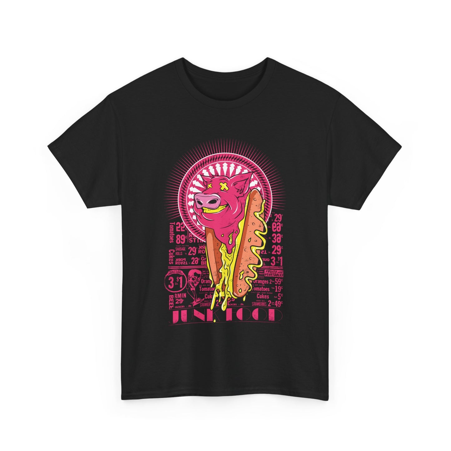 Stylish black men's t-shirt featuring a vibrant retro graphic design of a cartoon pig and hot dog, exuding playful charm and vintage allure.