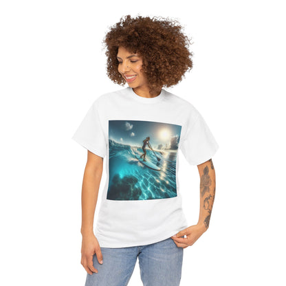 Stylish paddle boarding scene on a premium t-shirt by Dazzling Dreams Studio, ideal for outdoor adventures and casual wear.