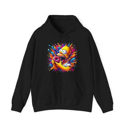 Unisex Urban Homer’s Hungry Delight Graphic Lightweight Hooded Sweatshirt in black featuring a vibrant graphic design of Homer Simpson joyfully holding a donut amidst a splash of colours like red, orange, and blue, ideal for stylish casual wear.