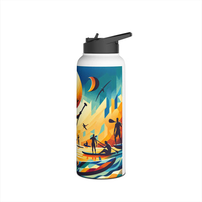 Fantasy Paddleboarding Stainless Steel Water Bottle showcasing an artistic illustration of paddleboarders against a colourful backdrop, embodying luxury and adventure in hydration.
